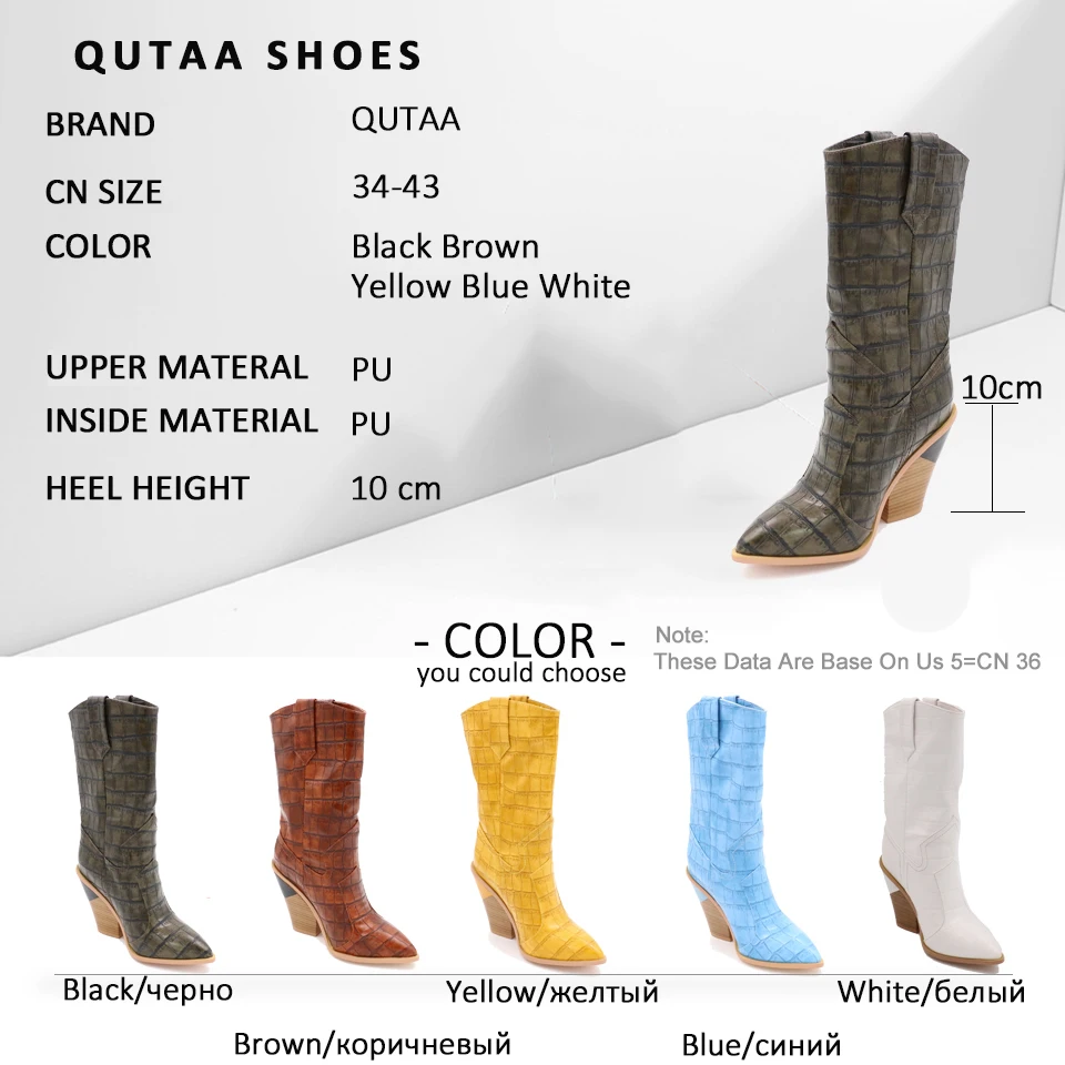 

QUTAA 2020 Soft PU Leather Thick Heel Antiskid Shoes Winter Fashion Women Mid Calf Boots Sexy Pointed Toe Slip on Boot Size34-43