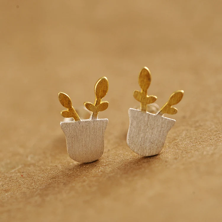 Оригинальные дизайнерские золотые серьги в виде цветочных горшков 925 пробы sv с