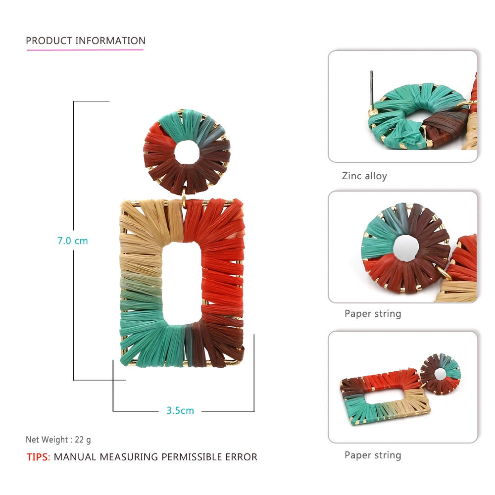 Vodeshanliwen Trendy Handmade Straw Rope Knit Statement Earrings For Women Big Square Korean 2019 Jewelry accessory | Украшения и