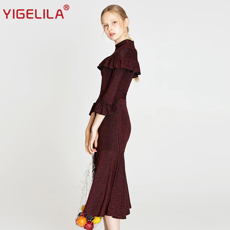 Женское платье до середины икры YIGELILA облегающее бальное в полоску с круглым