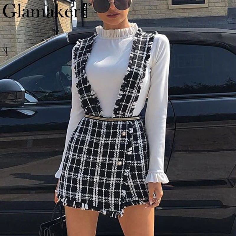 Женская твидовая юбка Glamaker черная мини с бахромой и высокой талией вечерние