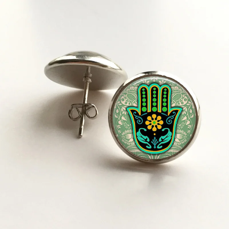 silver earring 14mm Зеленый Хамса ручная Мощность ожерелье со стеклянной подвеской Ом, дзен, стеклянный цветок хна искусство кулон ожерелье s для женщин ювелирные изделия - Окраска металла: silver earring 14mm