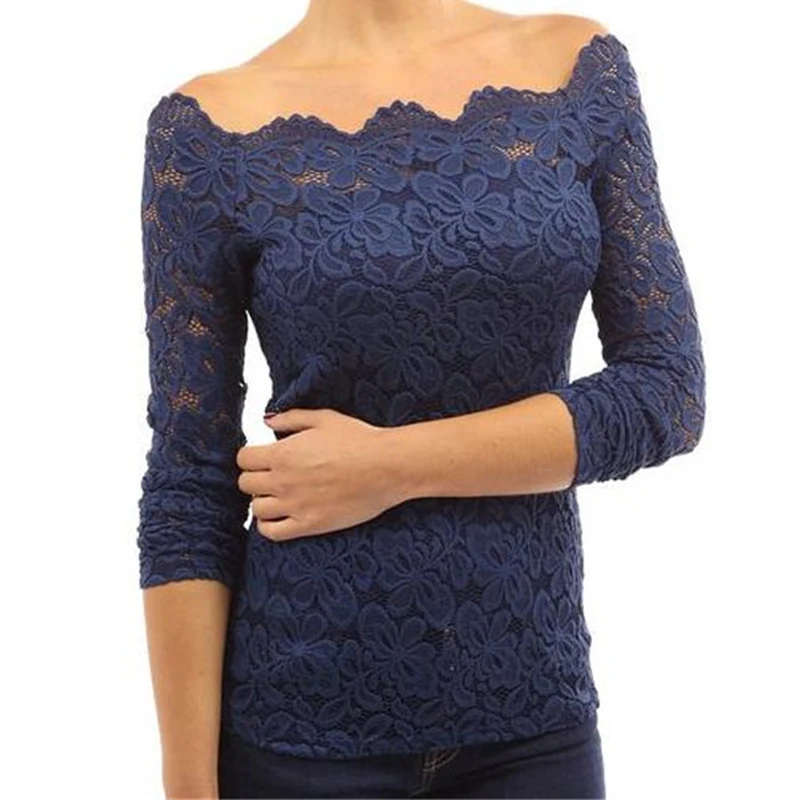 

Fashion Woman Blouses 2019 Summer Women Blouses Off Shoulder White Lace Blouse Chiffon Long Sleeve Women Shirts