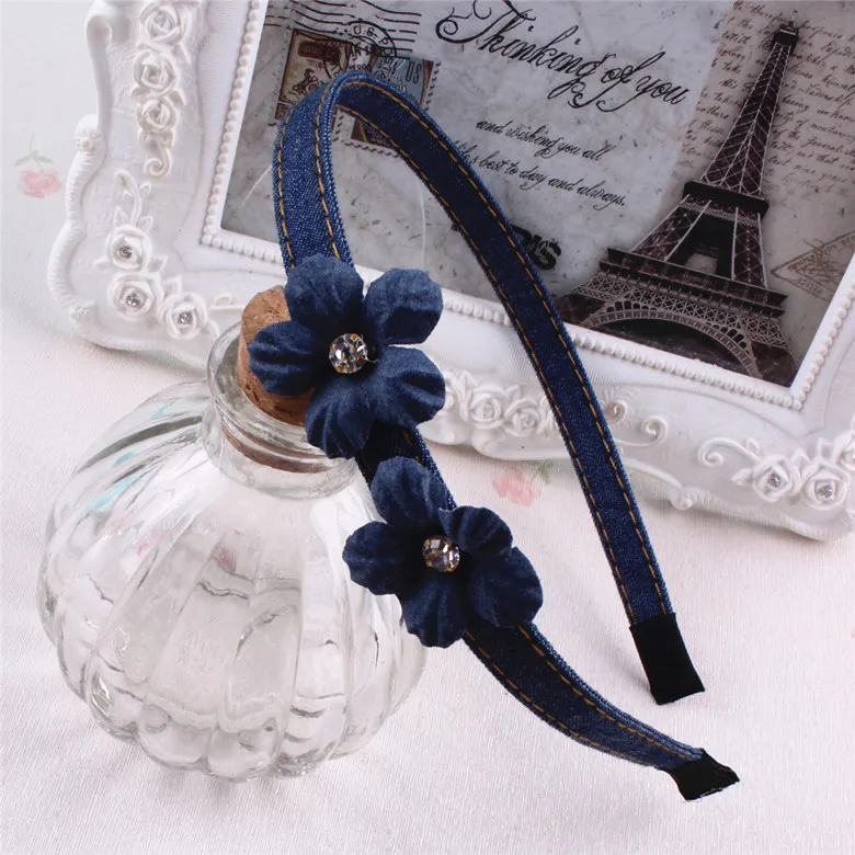 Korean children hair accessories flower kids headband denim hairpin beads rhinestone stone hoop small fresh headwear | Детская одежда и