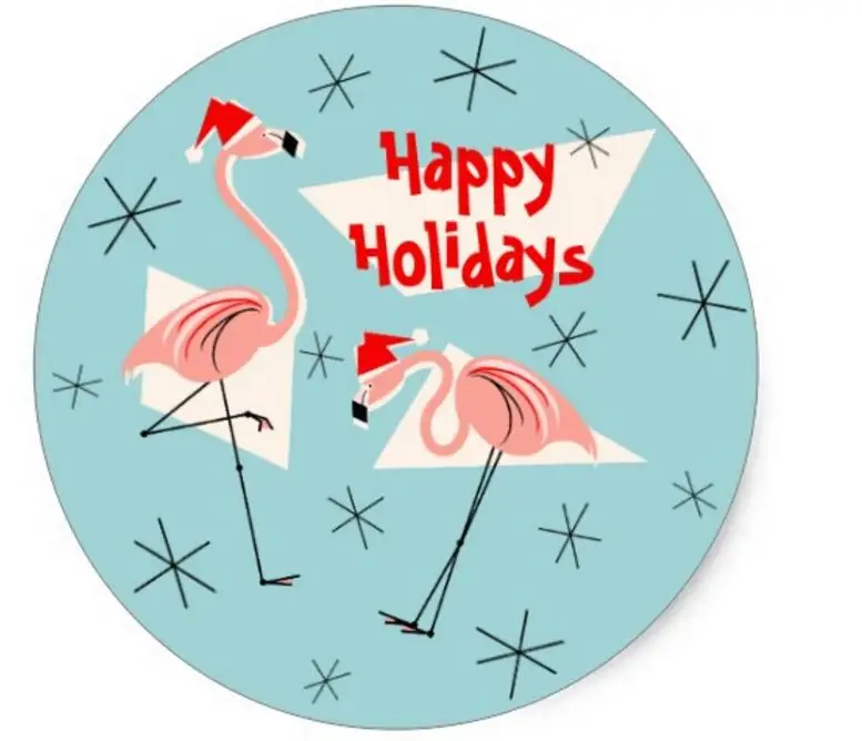 

1.5inch Flamingo Santas Blue Happy Holidays sticker round