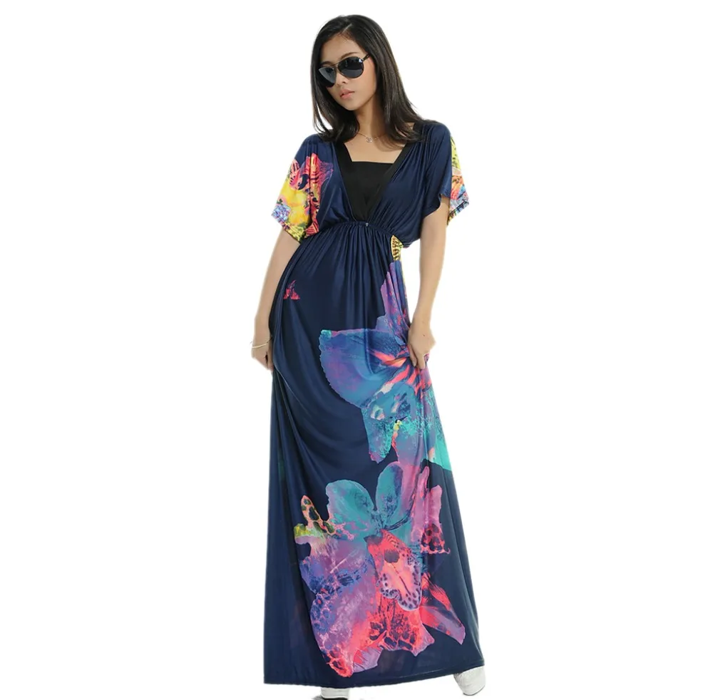 Богемное женское летнее макси платье с v-образным вырезом большого размера