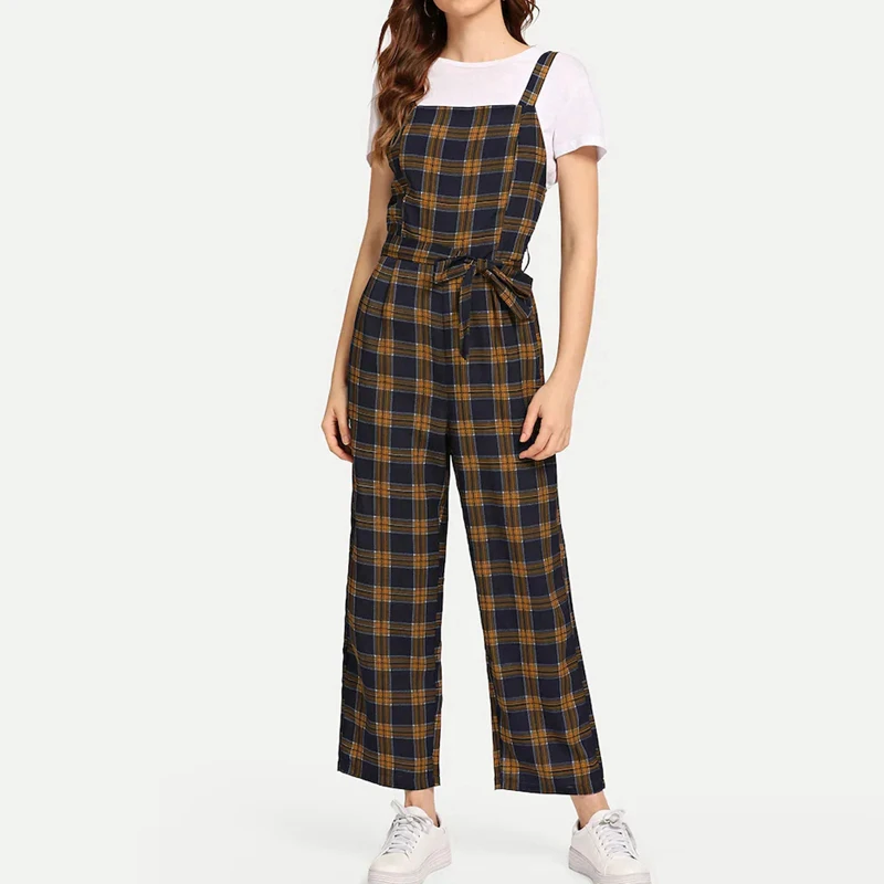 Клетчатый бандажный комбинезон женский элегантный офисный цельный Macacao Feminino