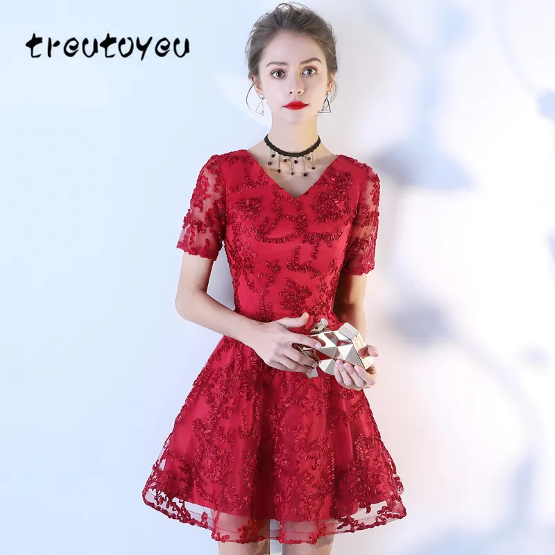 Treutoyeu винно красные однотонные платья Элегантное кружевное платье