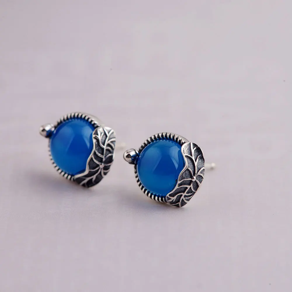 Женские серьги гвоздики из серебра 925 пробы с голубым халцедоном|silver stud earrings|925