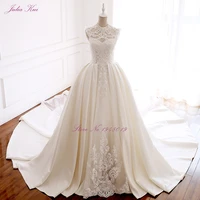 julia kui lustrous stain o neckline a line wedding dresses with chapel train beading pearls lace of bridal dress