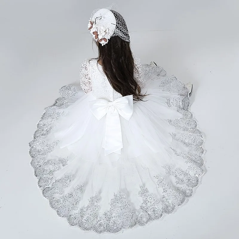 Elegant Lace Long Sleeves Princess Girls Dovetail Dress Kids Children Trailing Sequins Flower White Birthday Party Prom | Детская одежда