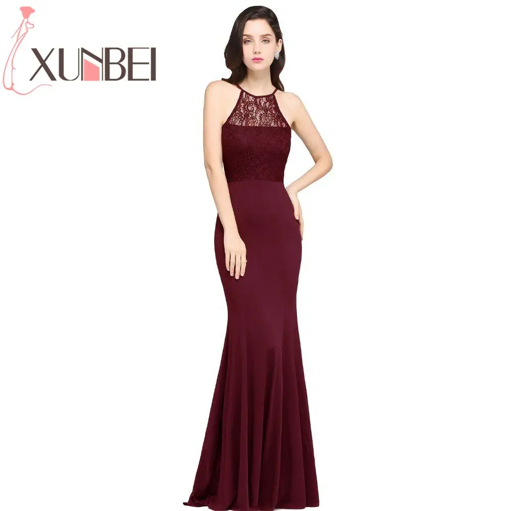 

Robe De Soiree Longue Mermaid Burgundy Lace Cheap Long Bridesmaid Dresses Halter Simple Prom Dresses Party Gown