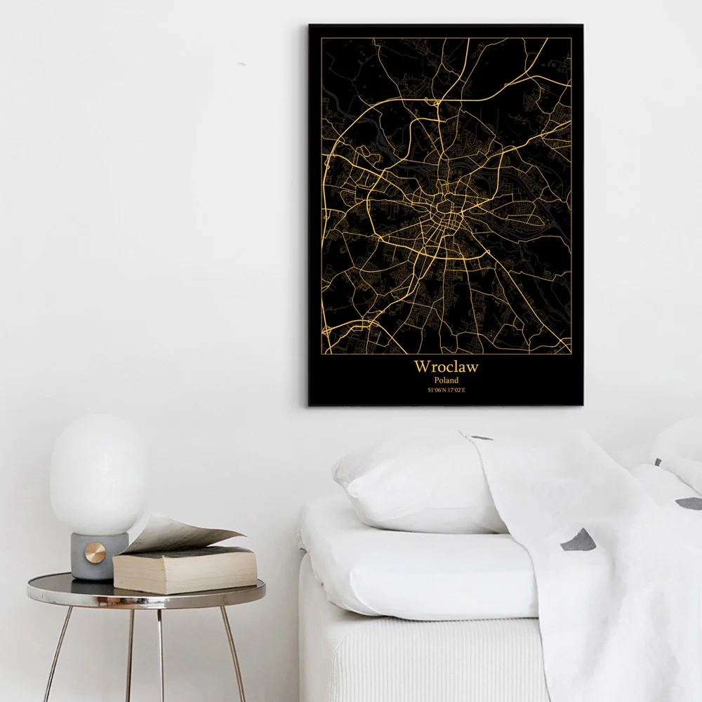 Черно-Золотая карта города Художественная печать на холсте послова Вроцлава