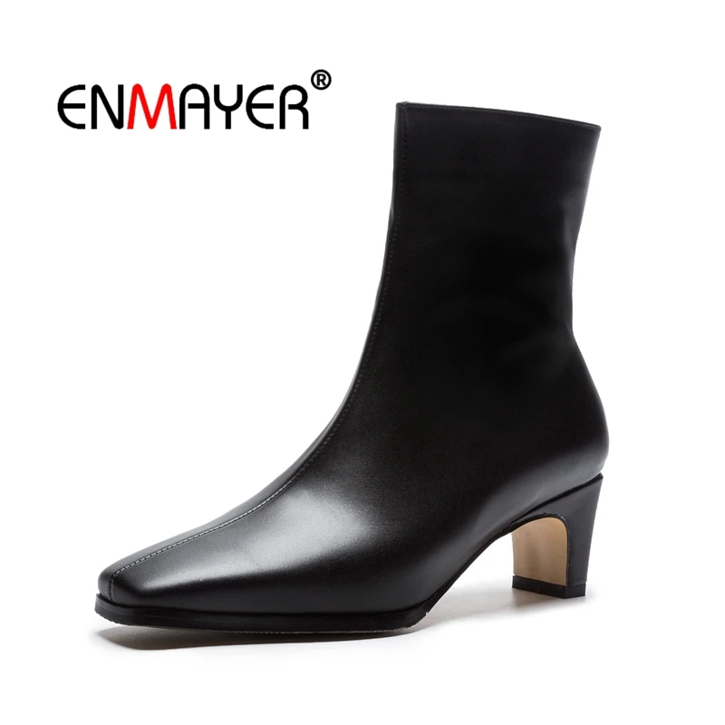 

ENMAYER Women Ankle Boots Big Size 34-43 Causal Med Heels Thick Heel Fashion Boots Square Toe Shoes woman Zipper Leather CR1498
