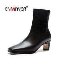 enmayer women ankle boots big size 34 43 causal med heels thick heel fashion boots square toe shoes woman zipper leather cr1498