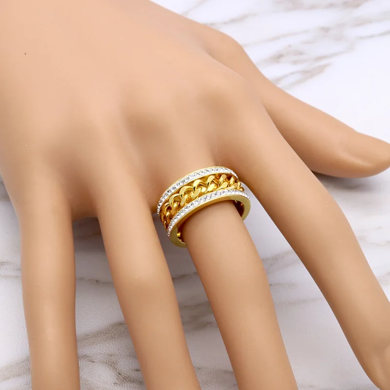 Ювелирные кольца из нержавеющей стали модное Двухрядное CZ Кольцо с цепочкой