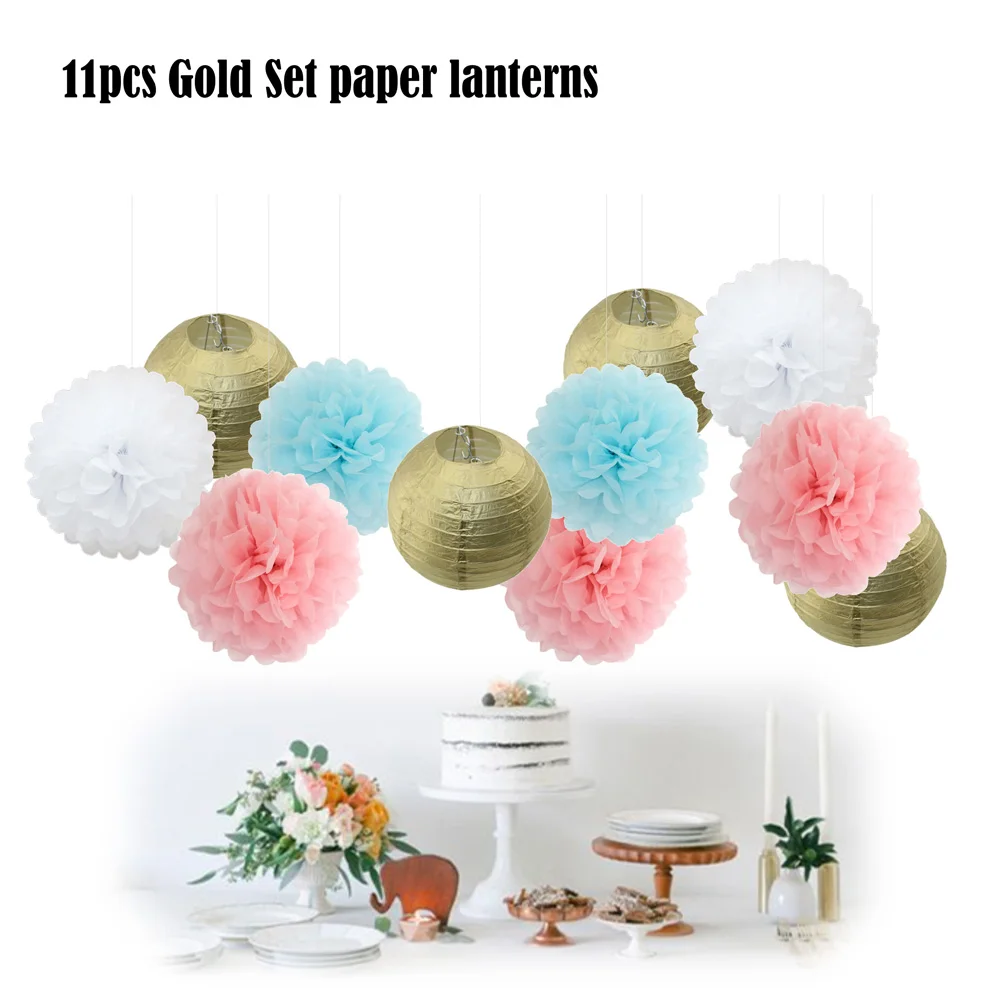 

11pcs Gold Silver Mixed Set Wedding Decoration Hanging Paper Ball Lantern Tissue Paper Pom Pom Party Ceremony Decor Paper Crafts