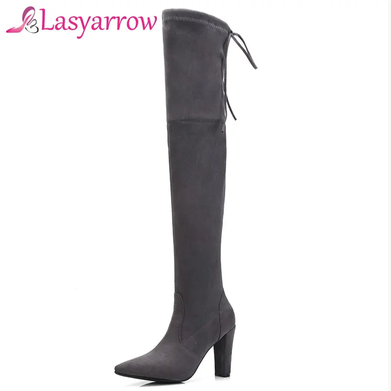 Lasyarrow/тонкие женские сапоги из флока туфли-лодочки на высоком массивном каблуке