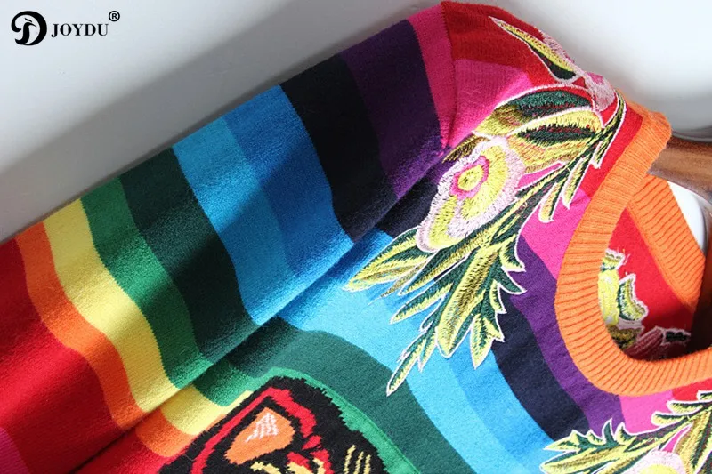 JOYDU 2018 Runway Designer Winter Sweater Women Flower Embroidery Tiger Rainbow Stripe Knitted Casual Pullover Jumper pull femme | Женская