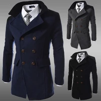 mens lapel collar peacoat double breasted slim wool blend trench coats male casual coats h9