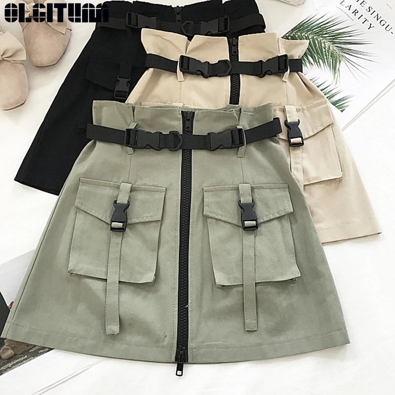 

OLGITUM New Summer Women Skirts High Waist Bud Mini Skirt Gothic Punk Style Pocket Buckle Safari Style Skirts Streetwear SK416