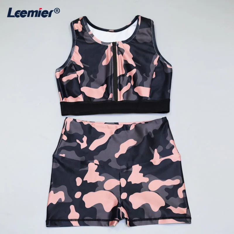 Women Yoga Set High Waist Tracksuit Clothes Sexy Zipper Crop Top Legging Sports ShortS CAMO Fitness Gym Outfits | Спорт и
