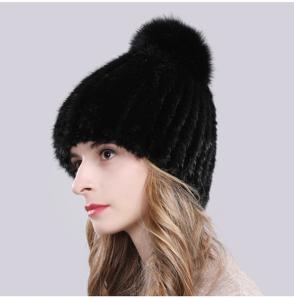 Lovely Real Mink Fur Hat Women Winter Knitted Real Mink Fur Beanies Hats With Fox Fur Pom Poms New Thick Real Mink Fur Cap