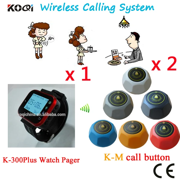 

Wireless Sound System Hot Model Restaurant Pager Table Ordering Buzzer Service Equipment Passed CE(1 watch+2 table call button)