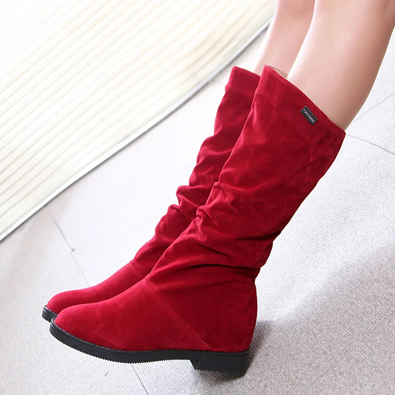 Autumn Winter Women's Boots Matte Flock Boots For Female Ladies Height Increased Low Heel Shoes Woman Mid Calf High Boots