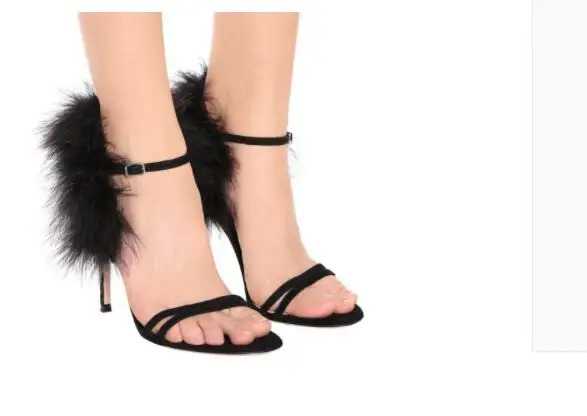 

Sandalias Mujer 2019 Summer Black Sexy peep Toe Fur Gladiator Sandals Women High Heels Ankle Strap Luxury Sandalet Plus Size47