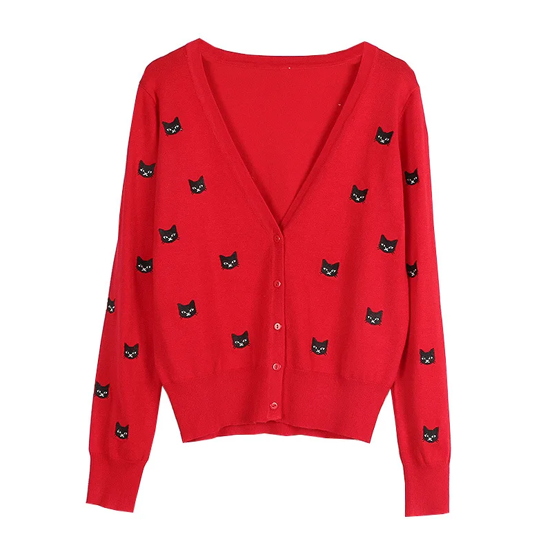 High End Quality 2018 New Autumn Style Long Sleeved V-neck Slim Cat Embroidered Short Knitted Cardigan Red Black White Sweater |