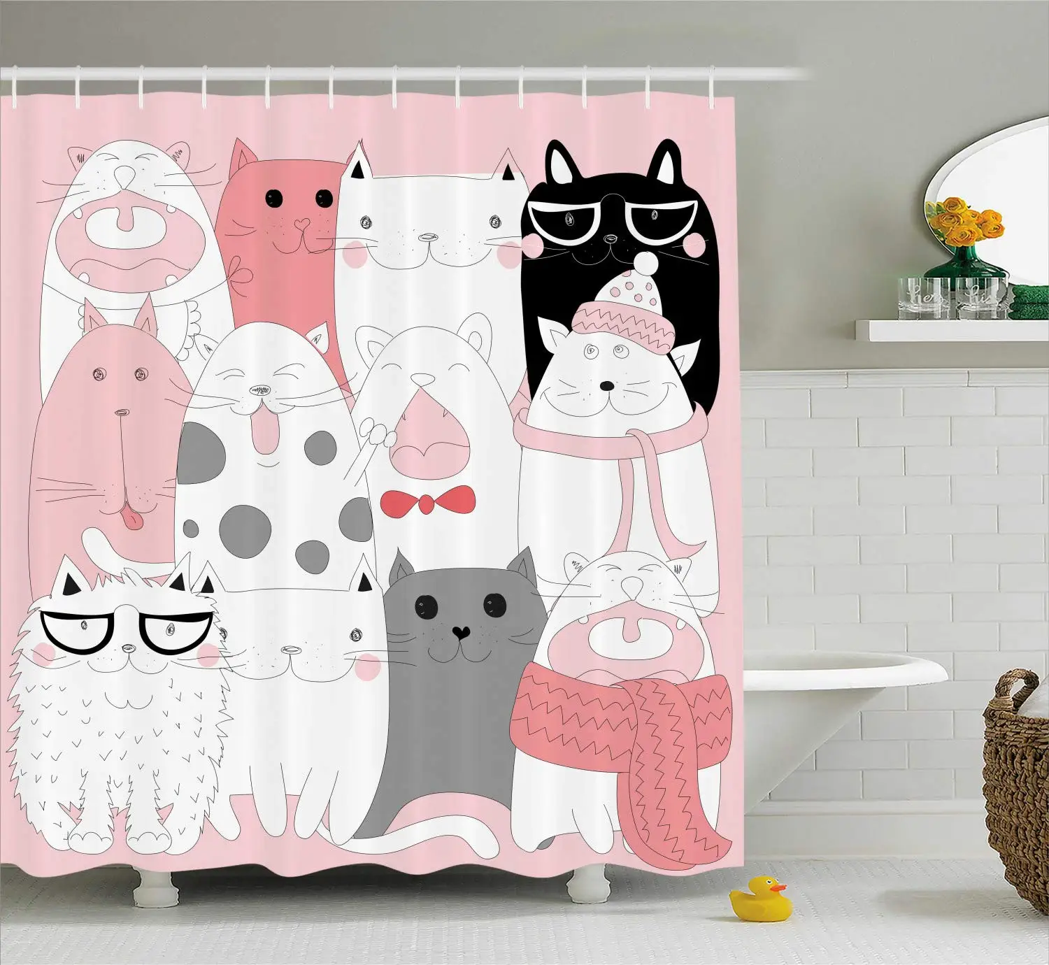 

Cute Cartoon Kittens Funny Smiling Glasses Scarfs Doodle Humorous Design Cloth Fabric Bathroom Decor Pink White