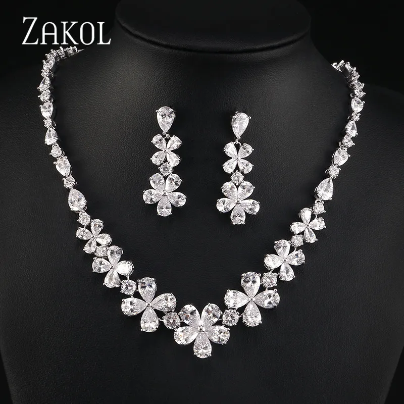 ZAKOL Luxury Sparking Brilliant Cubic Zircon Clear Flower Necklace Earrings Wedding Bridal Jewelry Sets Dress Accessories FSSP08 | Украшения