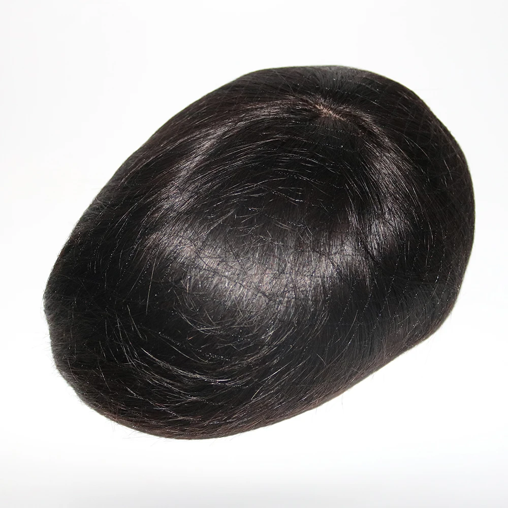 Eversilky Off Black Silk основа человеческих волос Toupees ручная завязанная шиньоны замена волос с естественным смотровым волосом