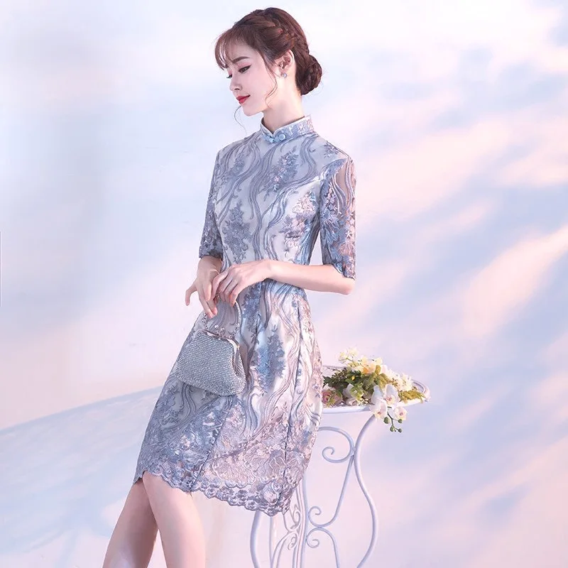 Серое традиционное китайское платье Ципао женские вечерние платья винтажное
