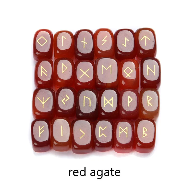 red Onyx 25 шт. натуральный камень, с резьбой руны викингов амулет набор рейки руник алфавитов Исцеление Кристаллы кварц гадание камни ювелирные изделия - Окраска металла: red Onyx