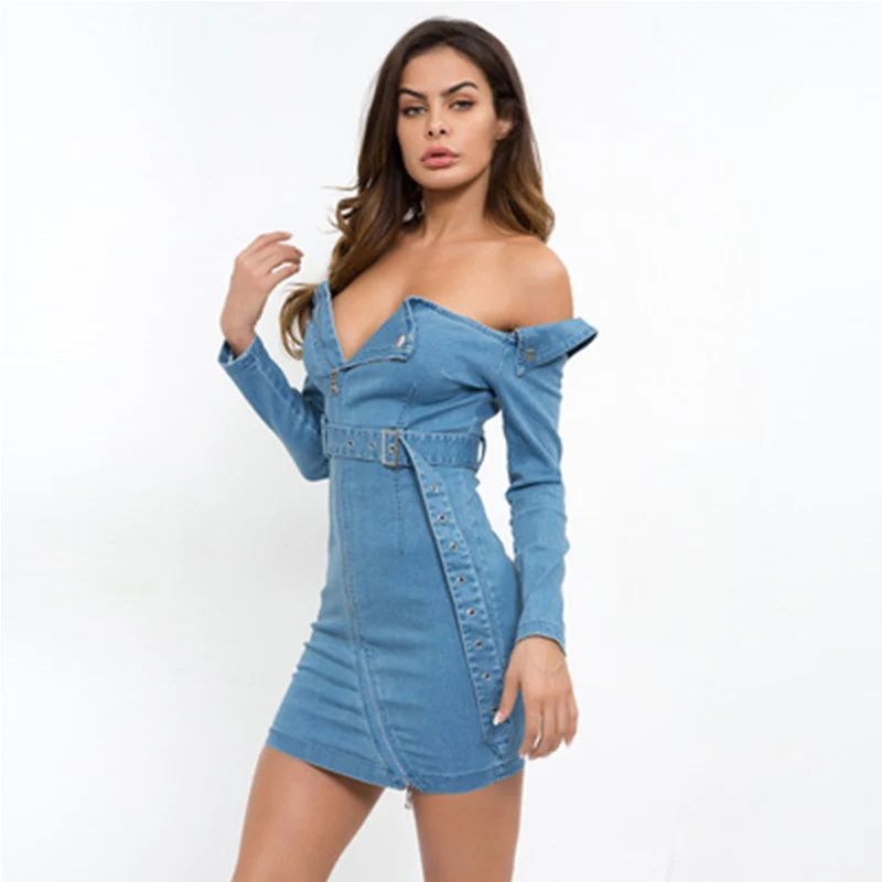 Летнее джинсовое платье женское сексуальное с вырезом лодочкой элегантное