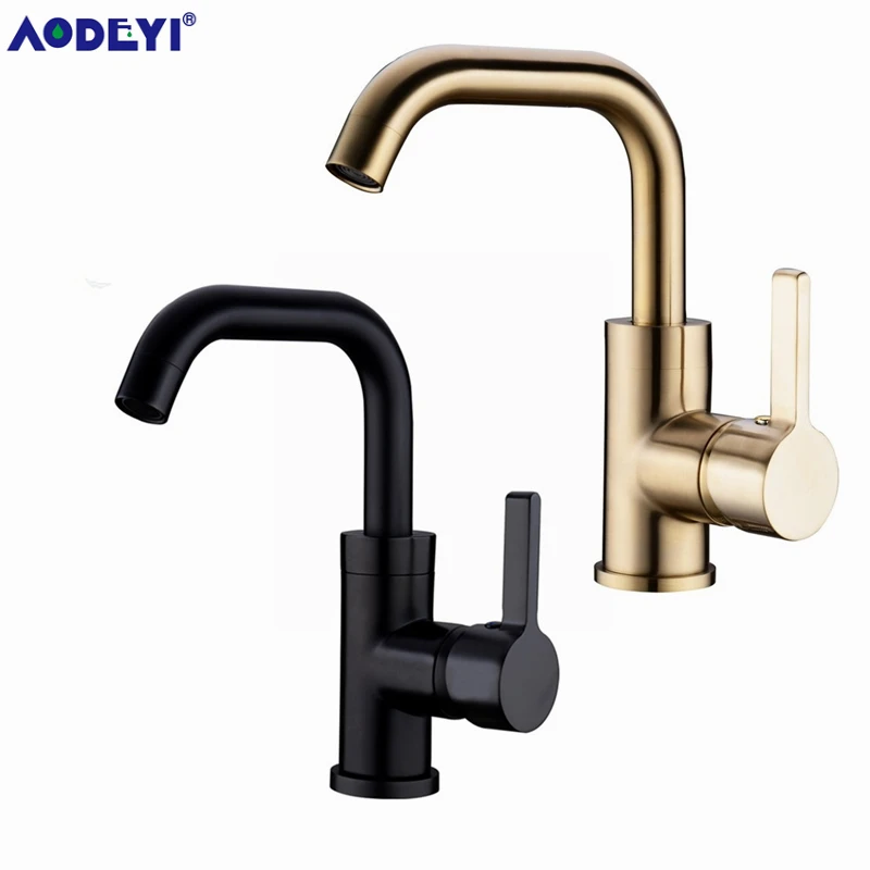 Black Bathroom Faucet Solid Brass  Basin Taps Cold and Hot Water Mixer Single Handle Tap Brushed Gold
