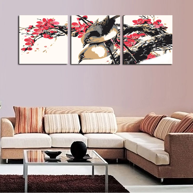 Без рамки 3 комплекта холст красные цветы с птицами живопись искусство дешевые HD