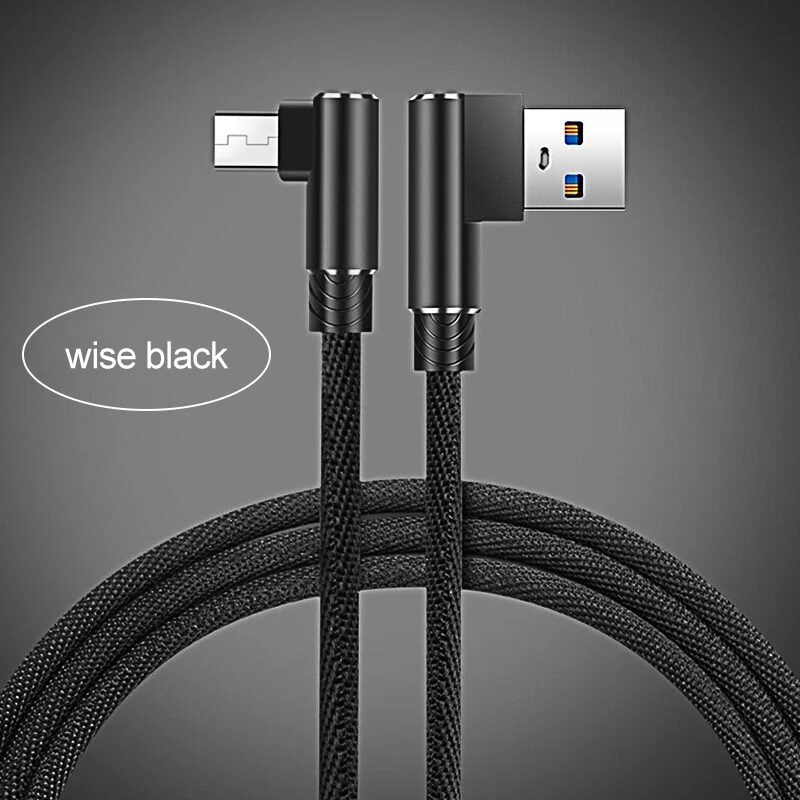 Black Micro USB кабель 90 градусов 2 м 3 м зарядный кабель для samsung s7 xiaomi redmi LG нейлоновый плетеный кабель для быстрой зарядки и передачи данных для Android - Цвет: Black