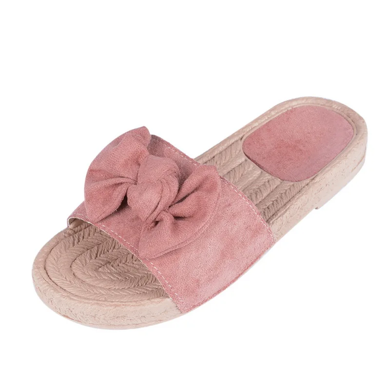 pink Тапочки; женские летние сандалии с бантом; тапочки для дома и улицы; льняные Вьетнамки; пляжная обувь; женская модная обувь с цветочным рисунком - Цвет: pink