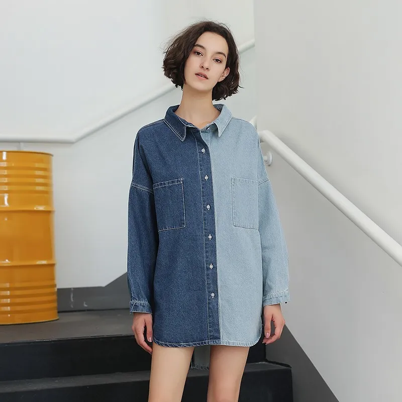Blue Shirt TWOTWINSTYLE Повседневная джинсовая рубашка женская с длинным рукавом Асимметричная Лоскутная Блузка Топы женские Осенняя модная одежда большой размер - Цвет: Blue Shirt