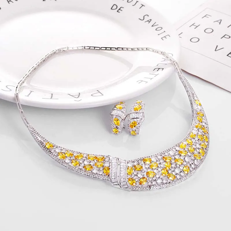 BE8 Brilliant Cubic Zirconia Bridal Jewelry Set For Women New Fashion Dubai Choker Necklace Sets Dress Accessories S-021 | Украшения и