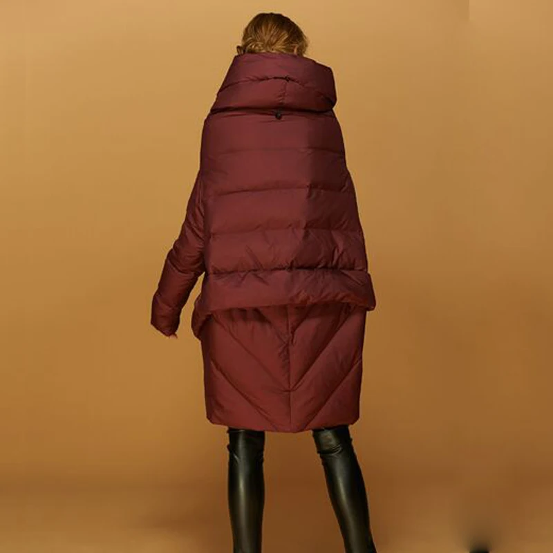 

High Quality 2019 New Fashion Designer Women's Winter Coat 90% White Duck down Irregular Medium Long Parka Red / Black Free Size