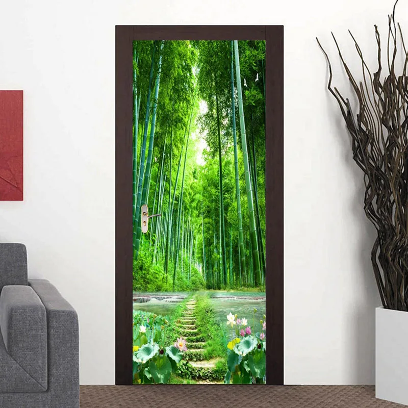 ПВХ дверь Наклейка 3D Природа Пейзаж бамбуковый лес путь обои гостиная кухня