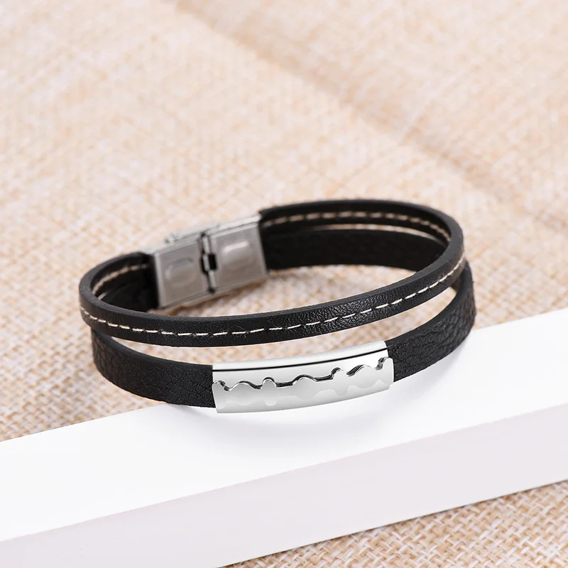 Модные Простые многоэтажные черные мужские браслеты из искусственной кожи