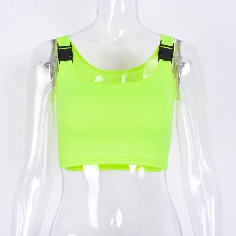 neon green Криптографический модный неоновый зеленый праздничный укороченный топ с пряжкой без рукавов, летняя майка, повседневный сексуальный укороченный топ Feminino - Цвет: neon green
