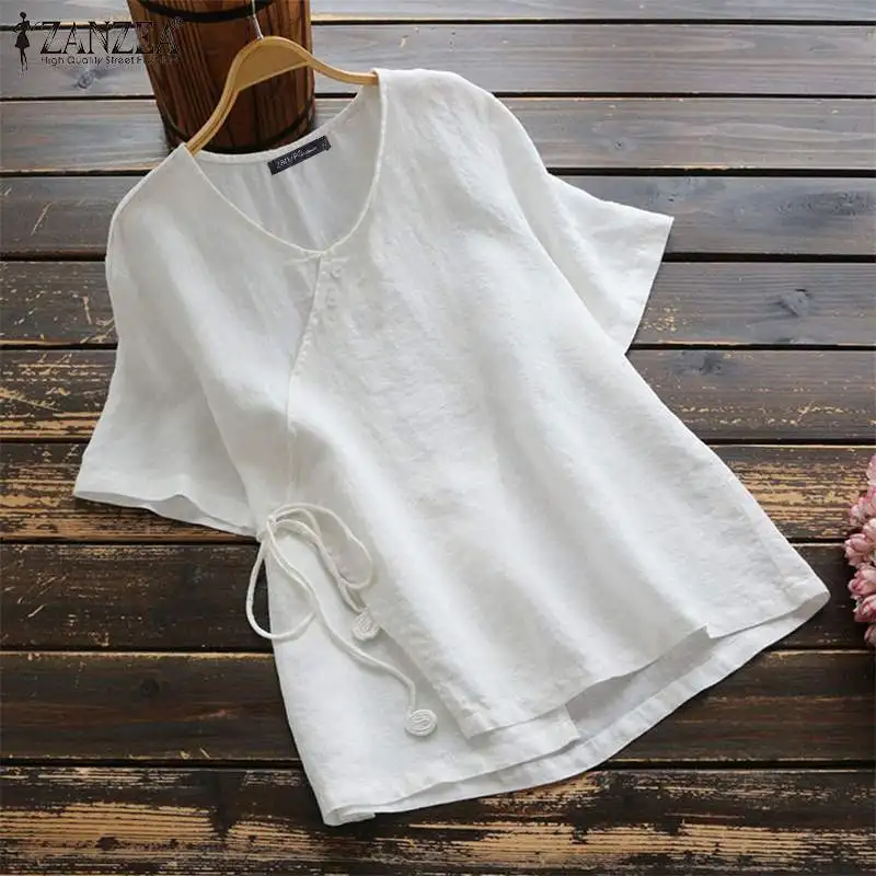 

ZANZEA Summer VintageBlouse Women Short Sleeve Cotton Shirt Solid Work Blusas Casual Robe Femme Tunic Tops Femininas