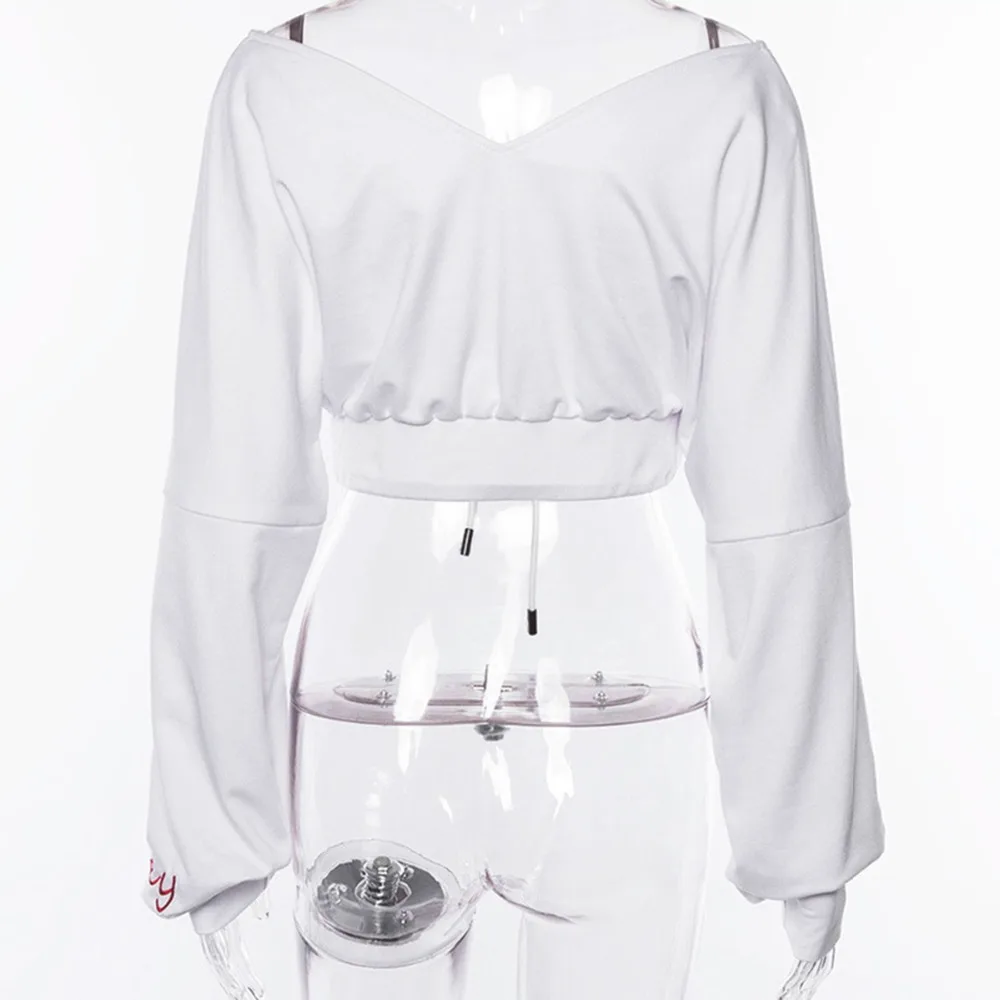 Women's White Cropped Hoodies Exercise Sweater Sexy V-neck Letter Sweatshirts Sport Fitness Running Crop Tops Harajuku Tracksuit | Спорт и