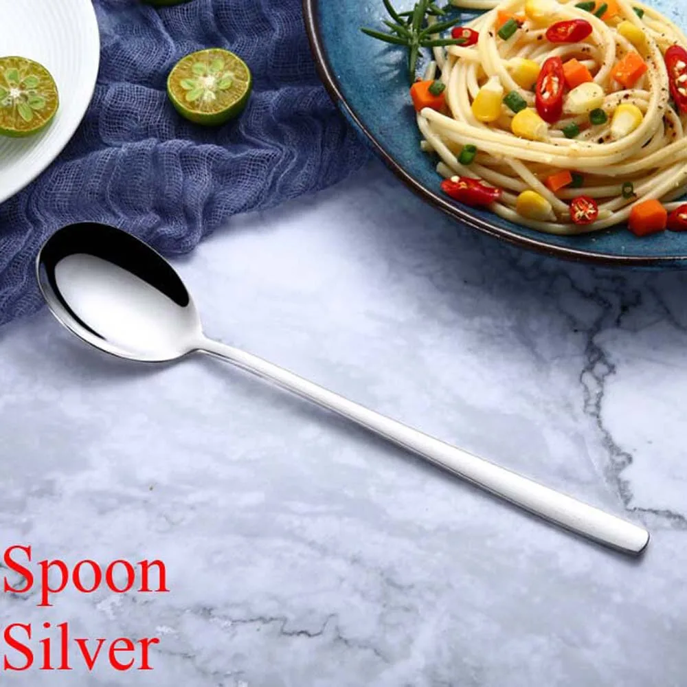 Spoon silver Посуда из нержавеющей стали цвета радуги ложка с длинной ручкой вилка Совок Мороженое Ложки для чая и кофе столовые приборы кухонные принадлежности - Цвет: Spoon silver